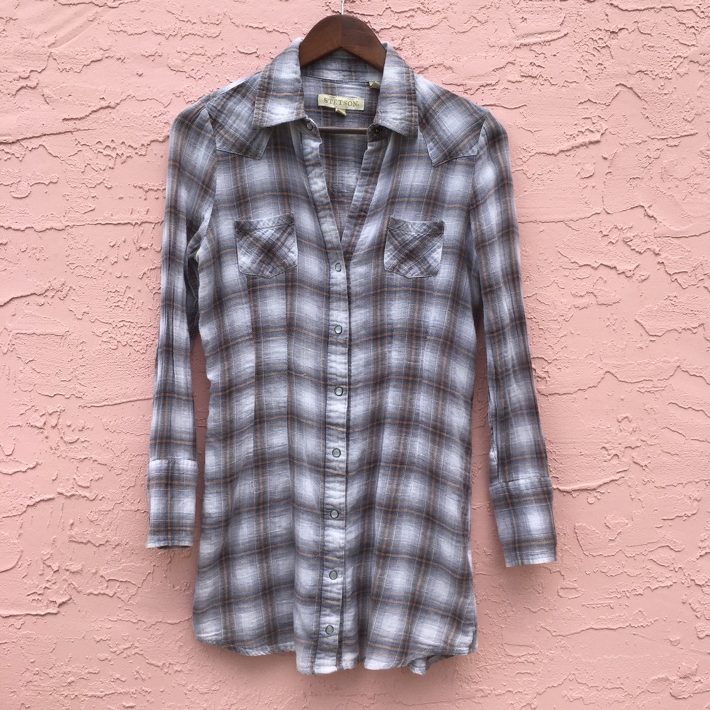 Stetson Long Plaid Button Down Shirt Size Small